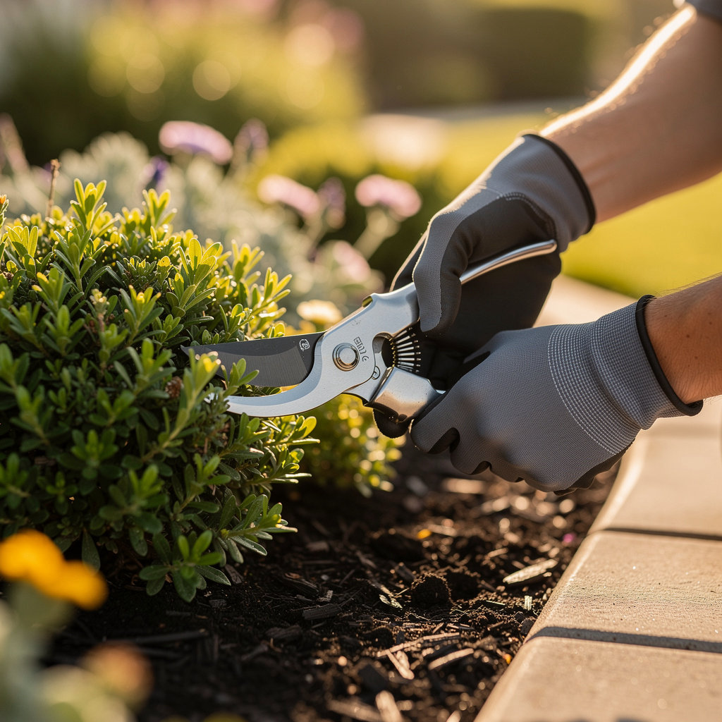 Green Solution Landscaping expert gardener maintaining a beautiful San Diego garden with seasonal care